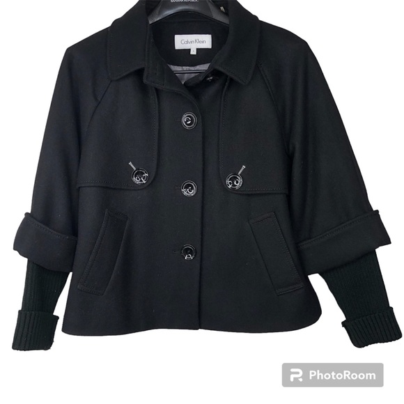 Calvin Klein Wool Pea Coat Swing Sweater Sleeves Black Size 6 - Picture 1 of 7